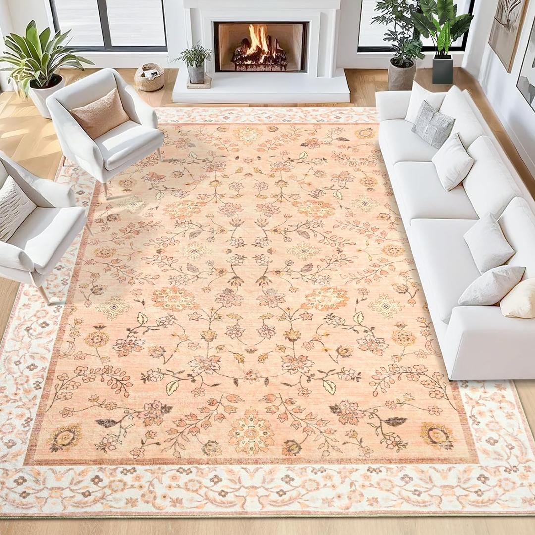 8x10 Rugs for Living Room, Orange Washable Floral Area Rug for Bedroom, Soft Non Slip Indoor Low Pile Carpet for Kitchen Dining Room, Large Boho Throw Carpets for Kids Nursery Office Dorm Home Decor