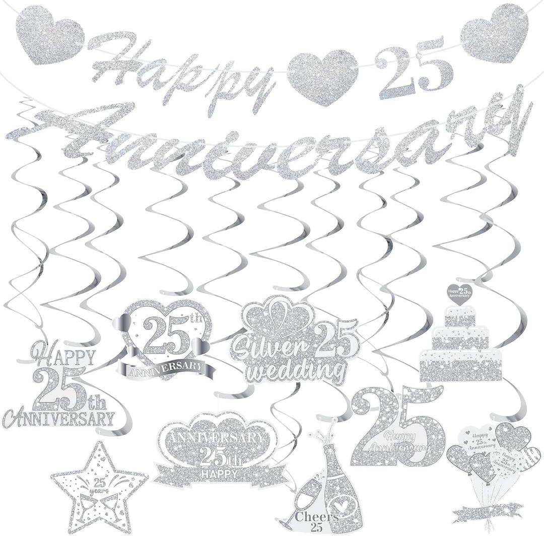 25th Wedding Anniversary Decorations Silver Happy 25th Anniversary Banner and Hanging Swirls for Silver Wedding Party Decorations