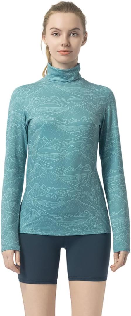 Women's Slim Fit Turtleneck Base Layer Long Sleeve Top, Mountain Print, Moisture-Wicking for Workouts & Outdoor (L)