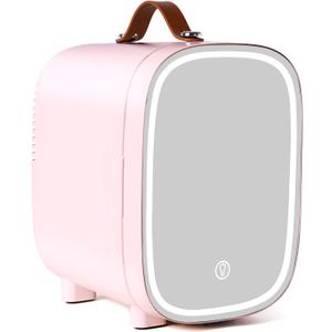 Mini Fridge for Bedroom, 4 Liter/6 Can Skincare Fridge With LED Mirror & Leather Carrying Handle,12v AC/DC Cooler & Warmer Portable Small Refrigerator for Drinks, Makeup, Dorm, Office and Car(Pink)