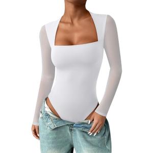 PINKMSTYLE Womens Square Neck Mesh Long Sleeve Bodysuit Going Out Tops Date Night Outfit 2025 (Medium, White)