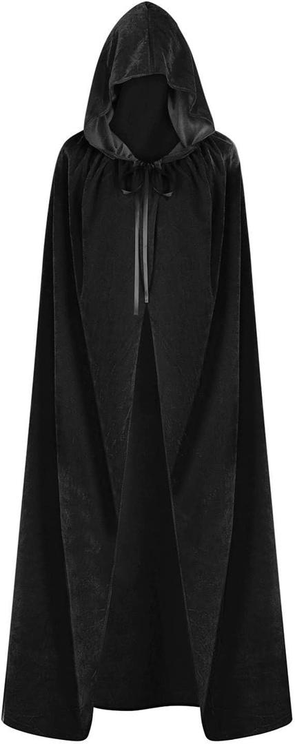 59Inch Velvet Cloak with Hood for Men & Women, Hooded Cape Cloak Unisex Halloween Witch Vampire Wizard Raven Cosplay Costume(black,L)