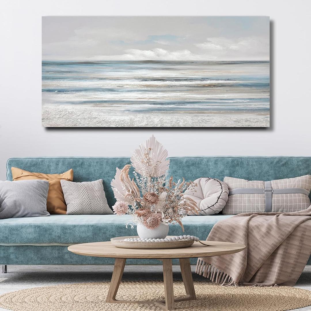 TRAIN2 ART Abstract Wall Art Modern Coastal Wall Decor Textured Blue and White Sea Background Canvas Wall Art for Living Room Bedroom Kitchen Office 28"x57"