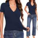 Meetrendi Womens Short Sleeve Work Shirts Summer V Neck Business Casual Polo Tops 2026 Fitted Basic Office Blouses (Blue, S)