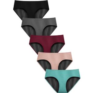 TIICHOO Heavy Flow Period Underwear for Women Soft Incontinence Menstrual Panties Teens Leakproof 5 Pack (Gold/Green/Black/Grey/Burgundy, X-Large)