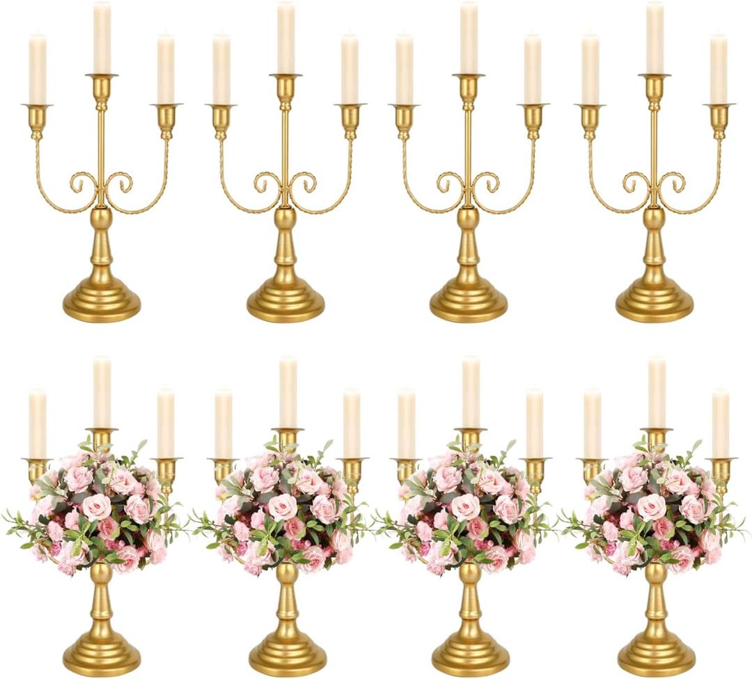 8 Pcs Gold Candelabra 12 Inch 3 Arm Metal Candle Stand Wedding Candlestick Holder for Table Centerpieces Wedding Birthday Holiday Theme Party