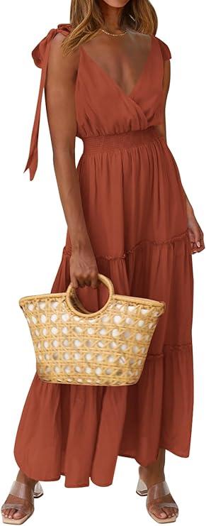 Women's Cross Neck Spring Sleeveless Tiered Maxi Dress Beach Tie Strap Smocked Long Dresses Pleated Sundress, Medium