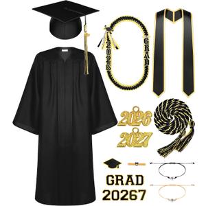 Silicherry Matte Graduation Gown Cap Tassel Set with 2024 Tassel Stole Graduation Lei Bracelet for High School and Bachelor (Black, Size 51)