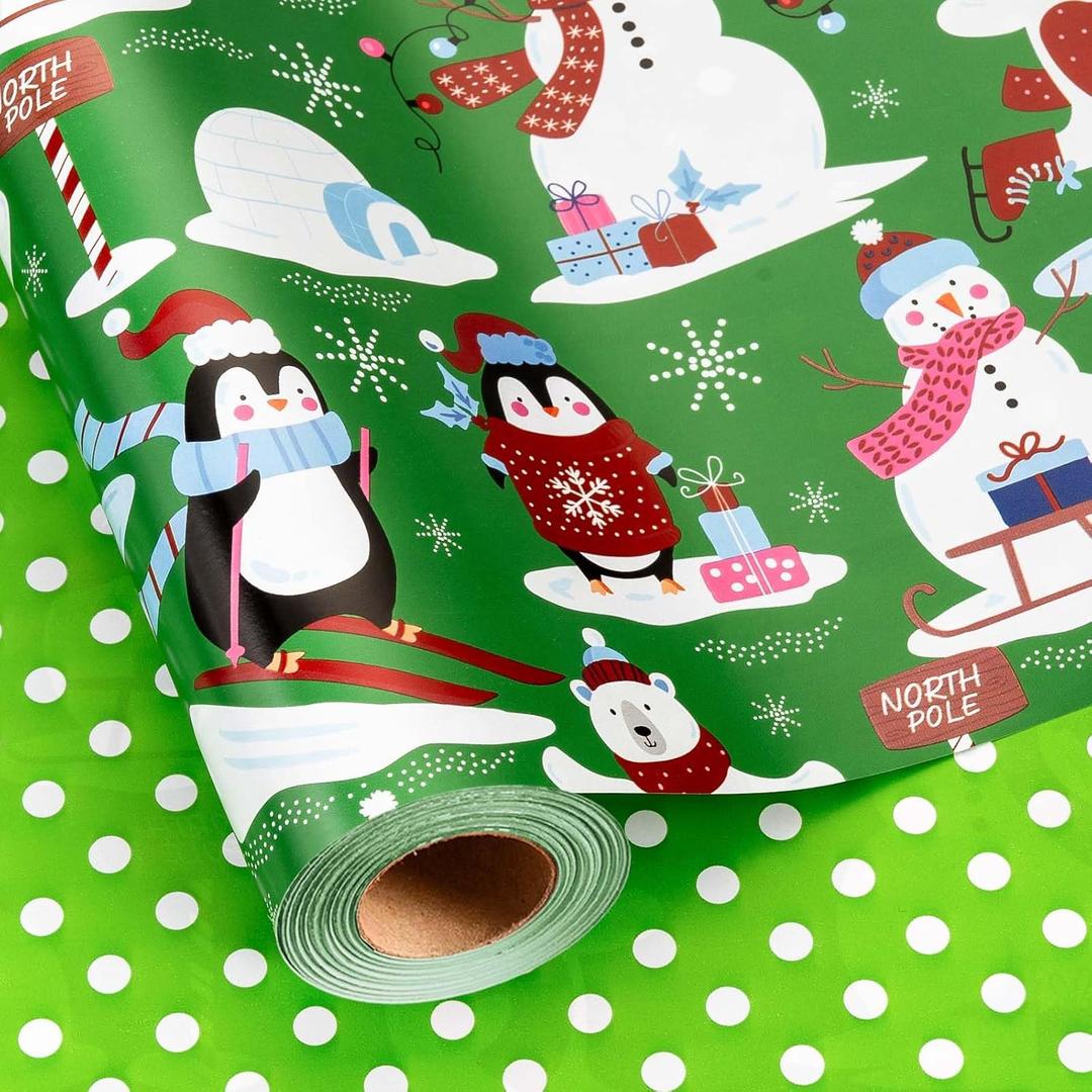 Retrify Christmas Wrapping Paper - Mini Roll - 17 Inch x 32.8 Feet Thick Green Cute Penguin Polar Bear Snowman Wearing Red Scarf Gift Wrap for Winter Holiday Party Celebration