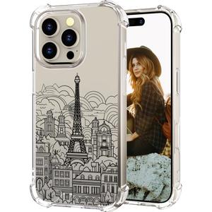 Hungo Compatible for iPhone 16 Pro Max Case, Thin Slim Cute Girly Skin Cases Protector with Airbag Bumper for Women Girls (Clear Eiffel Tower Paris)