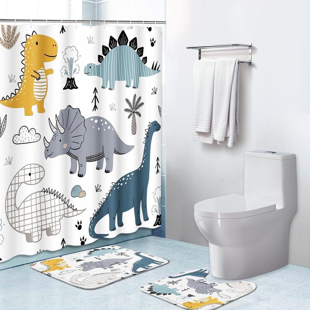 Britimes 3Pcs Bathroom Set, 72" x 72" Dinosaur Dragon Cartoon Dino Waterproof Polyester Shower Curtain with Non-Slip Rugs and Bath Mat for Kids Bathroom Decor Set