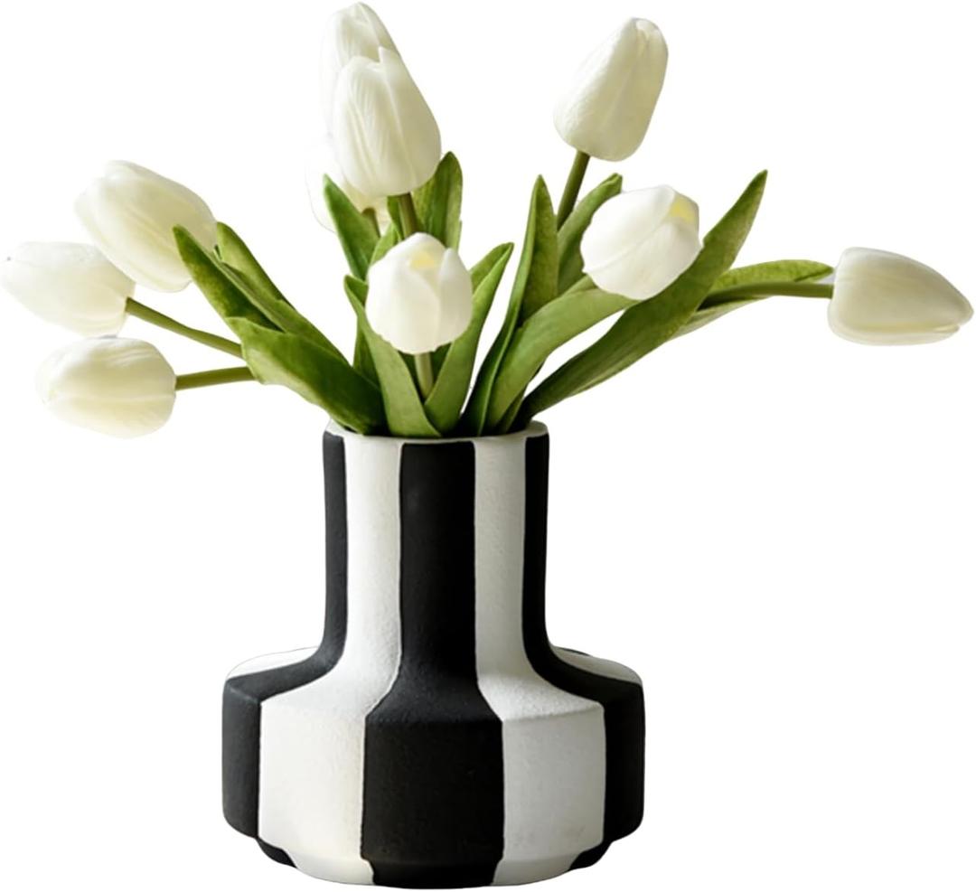 Modern Nordic Black and White Striped Ceramic Vase Rough-Textured Minimalist Tabletop Decor for Living Room, Bedroom, Office Unique Centerpiece for Wedding or Housewarming Gift