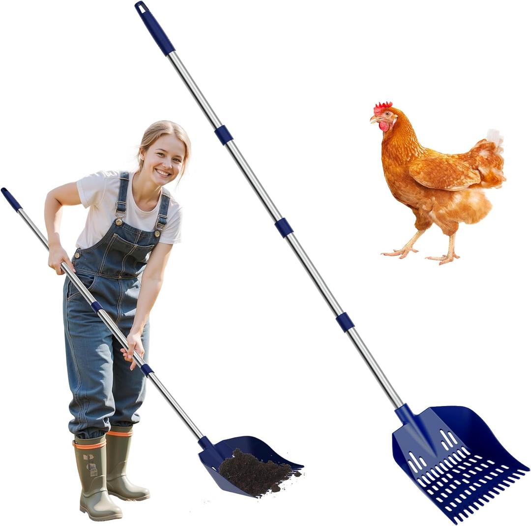 Chicken Poop Scooper & Rake, 2-in-1 Chicken Coop Pooper Shovel with 3-Shape Sifting Holes, 39 to 68" Chicken Coop Rake Stainless Steel Handle Litter Shovel for Small Farm Animals
