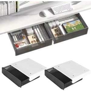 OSPNIEEK Self-adhesive Under Desk Drawer Organizer, 2 Pack Table Hidden Slide Out Large Storage Mounted Desktop Pencil Holder Tray Drawers for Office Home School Stationery Kitchen (Large, Black)