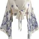 Women's Boho Tops Western Country Concert Outfits Tie Front Long Bell Sleeve Tops 70s Hippie Disco Clothes (Medium, Blue and White)