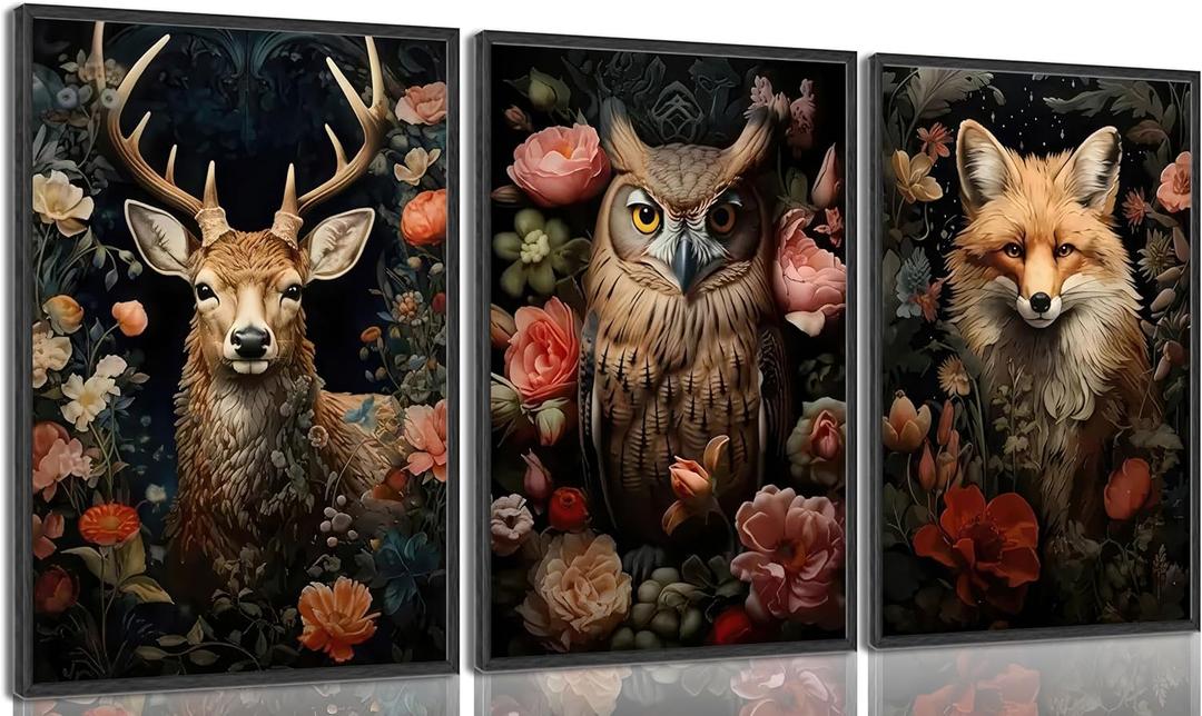 Magical Forest Animal Canvas Wall Art Flowers And Wild Animals Prints Wall Decor Dark Cottagecore Posters Gothic Vintage Botanical Floral Painting Picture Nature Room Decor Bedroom Decoration Unframed