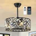 Crystal Caged Ceiling Fan Lights: 20'' Black Fandelier Ceiling Fan Light with APP Control/Remote/6 Speed/Timer Semi Flush Mount Industrial Fandelier for Bedroom Living Dining Room Kitchen, E12 Base