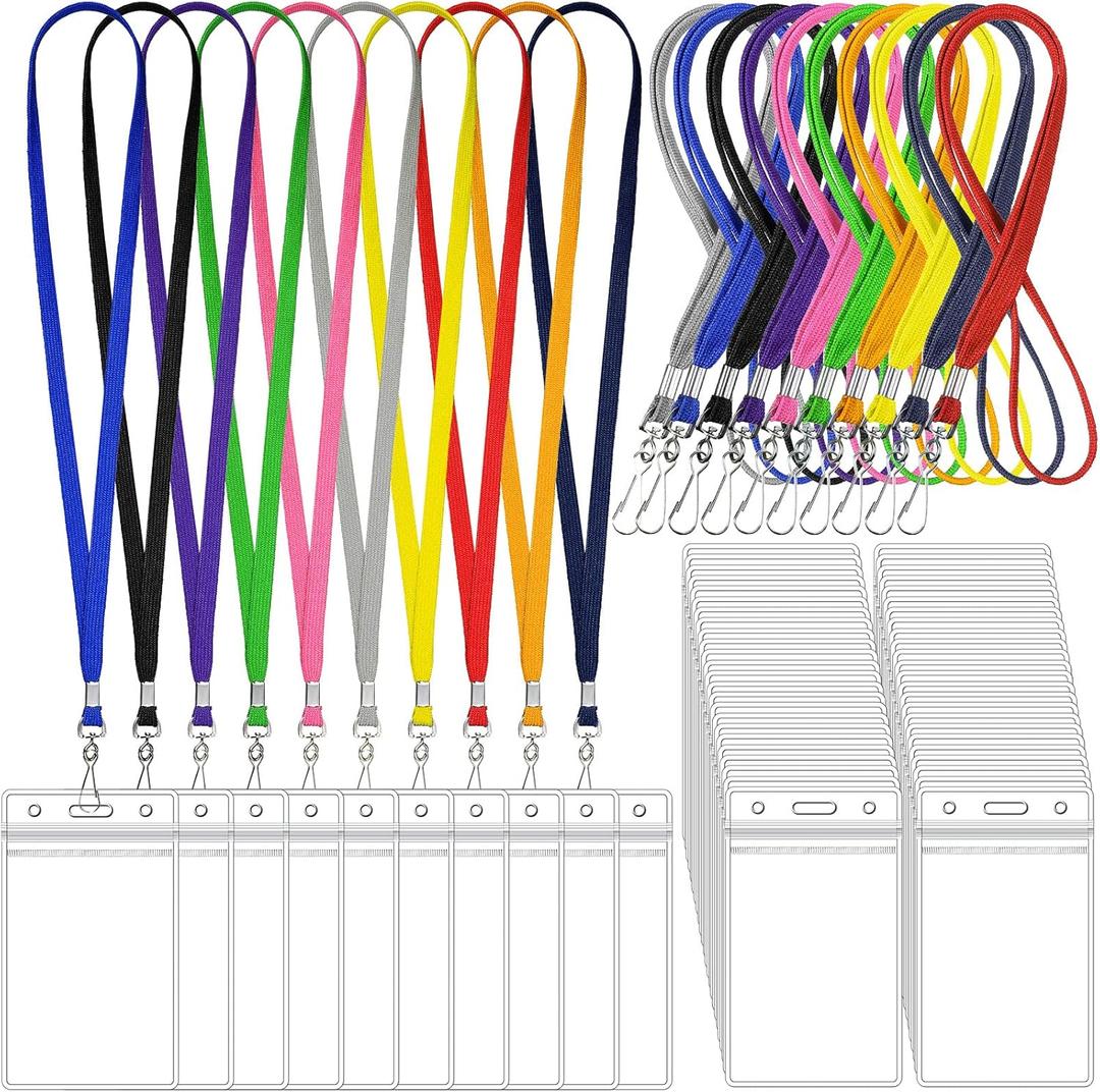 Marspark 100 Set Name Tag Lanyards with ID Holder Clear ID Name Badges Cruise Lanyards Bulk Clip Waterproof Plastic Card Holders for Adults Kids Business School Office Supplies (Multicolor)