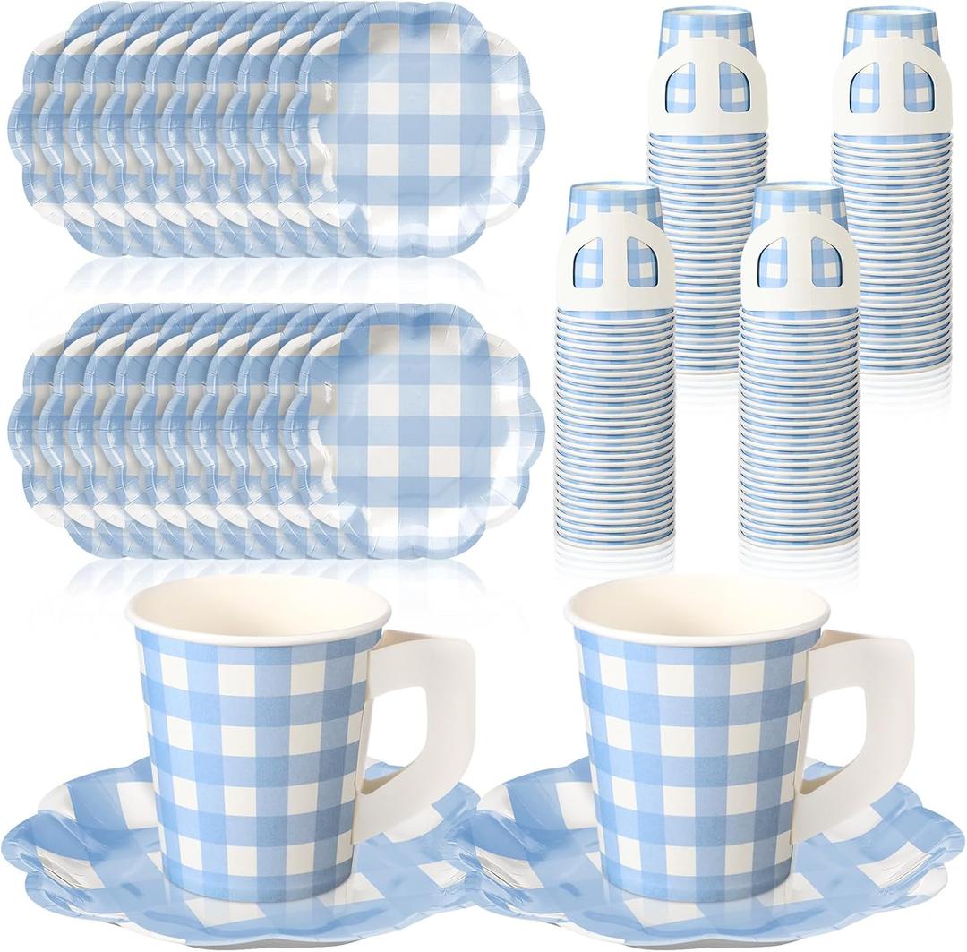 FoldTier 100 Pcs Blue Gingham Tea Party Plates and Cups Blue Gingham Party Supplies Disposable Paper Plates and Tea Cups with Handles Checkered Tableware Set for Wedding Baby Shower Birthday Decor