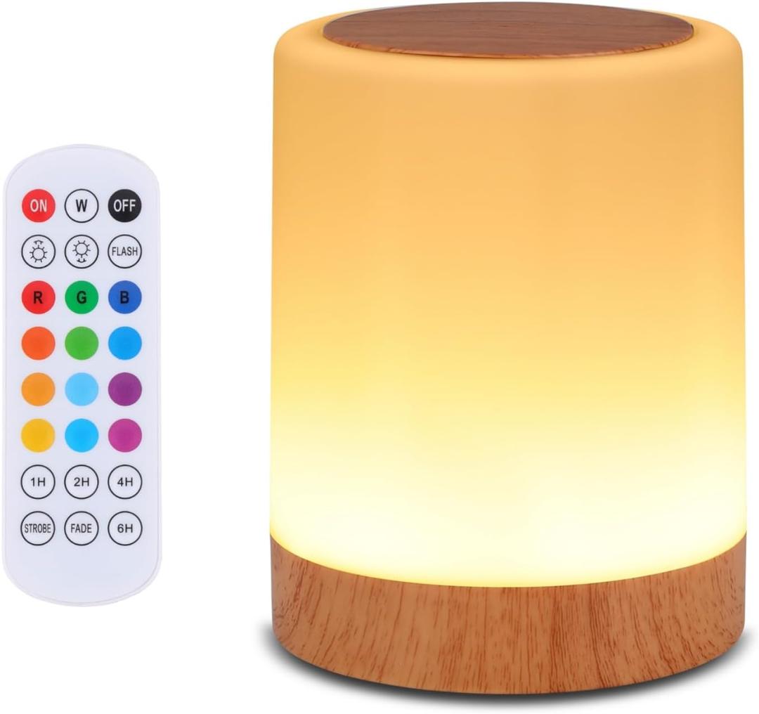 OORUN Touch Bedside Table Lamp,13 RGB Colors & 5 Brightness, USB Rechargeable Desk Lamp, Remote Control Dimmable Night Light with RGB Color Changing,Portable Lamp for Baby, Bedroom, Living Room (Brown)