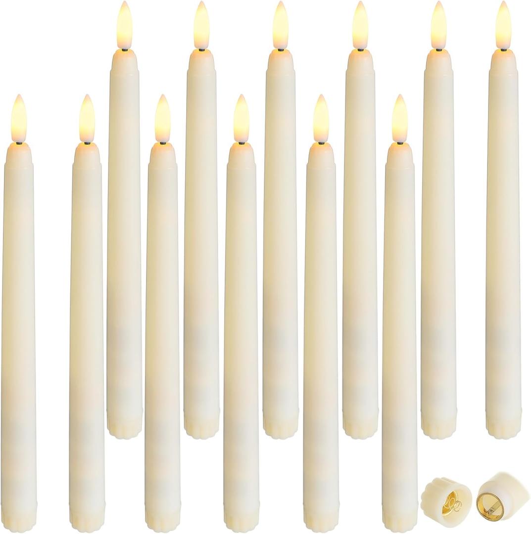 Baquler 12 Pcs Flameless Ivory Taper Candles Bulk Flickering LED Candles Taper Warm White Light LED Candlesticks for Christmas Wedding Home Decoration No Remote Control, 9.6 Inch