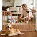 Babelio Metal Auto Close Baby Gate PressGuard P7, 29"-55" Wide Extra Wide Pet Gate for The House and Doorways, Pressure Mounted Walk Thru Child Gate with Door, Brown Wood Pattern