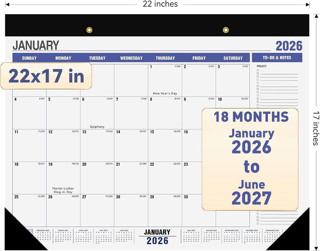 2026-2027 Large Desk Calendar,18 Monthly Big Wall Calendar,Jan 2026-Jun 2027,22" x 17",Desktop Planner with To-do List and NOTES,Corner Protectors,for Home Office-Simple (2601-2706 simple)