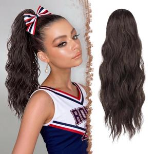 FESHFEN Ponytail Extensions - Drawstring Ponytails Hair Extension Long Curly Wavy Hair Piece Synthetic Pony Tail Hairpieces for Women, Chocolate Brown with Dark Brown 18 inch