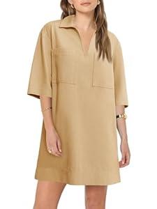 Fisoew Womens Denim Shirt Dress Summer Collared V Neck Mini Casual Jean Dresses with Pockets (X-Small, Khaki)