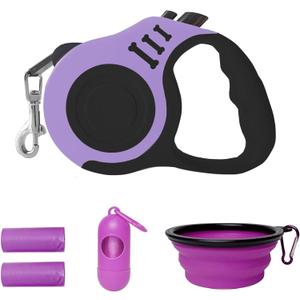 Retractable Dog Leash Automatic Telescopic Tractor Dog Tape, Pet Tape 16 FT Durable and Convenient, with Folding Bowl, Dispenser, Rubbish Bags, Suitable for Dogs (Black Purple Set)
