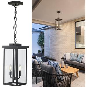tewei 17.3'' Large Outdoor Pendant Lantern Light for Porch, 2-Light Black Metal Exterior Hanging Pendant Light Fixture Dusk to Dawn, Ceiling Hanging Chandelier Lighting for Foyer, Entryway, E12