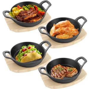 4 Sets Mini Cast Iron Skillet with Wooden Base Small Cast Iron Plates Skillet Round Fajita Plate Hot Steak Pot Dish for Kitchen Restaurant Barbecue(6.3 Inches)
