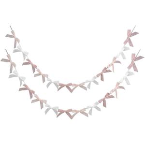 DrCor Blush Pink Velvet Bow Garland 2 Pack 10FT Pre-Strung Ribbon Banner with 24 Bows for Girls Bedroom Decor, Birthday Party Backdrop, Baby Shower, Coquette Room Wall Decoration