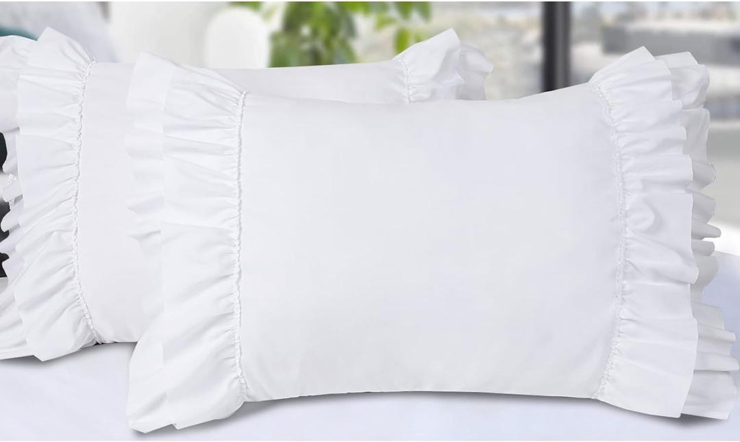 HIG Pack of 2 Farmhouse Ruffle Pillow Shams, Standard Size White French Country Style Vintage Pillowcases with Handcraft Ruffle, Boho Frilly Pillow Shams for Bedroom, Microfiber, 20" X 26" (Emory)