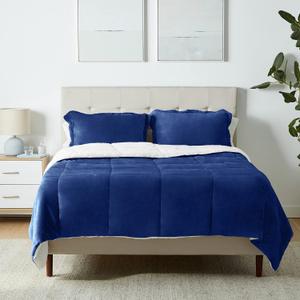 Amazon Basics 3-Piece Ultra-Soft Micromink Sherpa Comforter Bedding Set, Warm All Season, Machine Washable, Full/Queen, Navy Blue