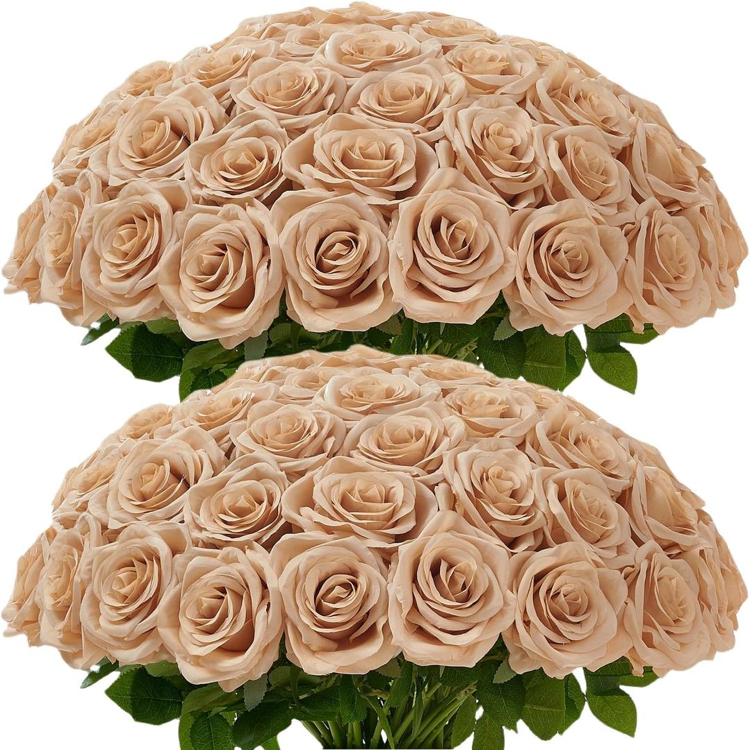 Carlitas Blooms 50pcs Beige Roses Artificial Flowers Bulk Fake Roses Silk Flower with Stems Realistic Flowers for Wedding Centerpiece Party Birthday Decor