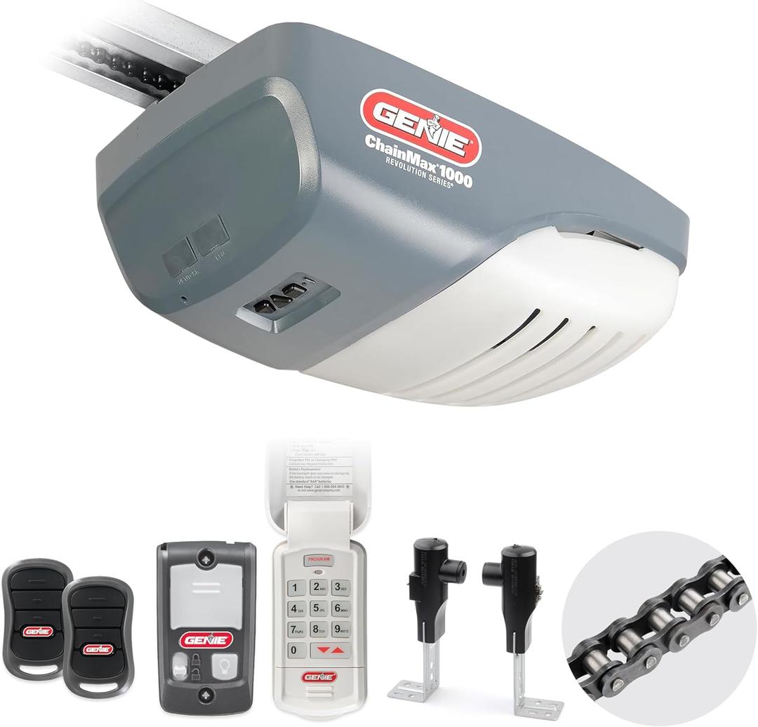 Genie ChainMax 1000 Garage Door Opener - Durable Chain Drive - Includes two 3-Button Pre-Programmed Remotes,Wall Console, Wireless Keypad, Safe-T-Beams - Model 3022-TKH, 140V DC Motor, Gray