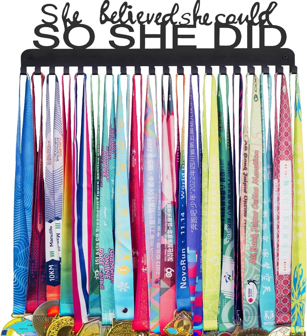 Goutoports Medal Holder Display Hanger - She Believed She Could She Did - Personalized Medal Wall Hanger for Sport Race Runner Sturdy Black Steel Metal Over 60 Medals Easy to Install