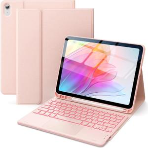 CHESONA for iPad 10th Generation Case with Keyboard, 7 Color Backlight, Multi-Touch Trackpad, Flip Stand Case with Pencil Holder, 2 Wireless Channels for iPad (A16) 11th/10th Gen 2025/2022, Pale Pink