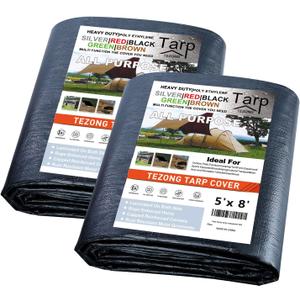 Tarps Heavy Duty Waterproof 5x8ft,TEZONG Black Poly Tarp 12MIL Multipurpose Tarpaulin Outdoor Cover for Emergency Rain,Patio Furniture,Roof,Camping,Car,Pool 2Pack