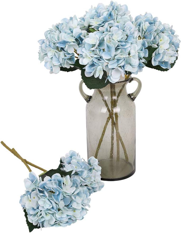 Kisflower Blue Hydrangea Artificial Flowers 6pcs Faux Hydrangea Flowers, Fake Flowers for Table Centerpiece, Blue Silk Hydrangea Flowers with Stems for Home Wedding Party Decor