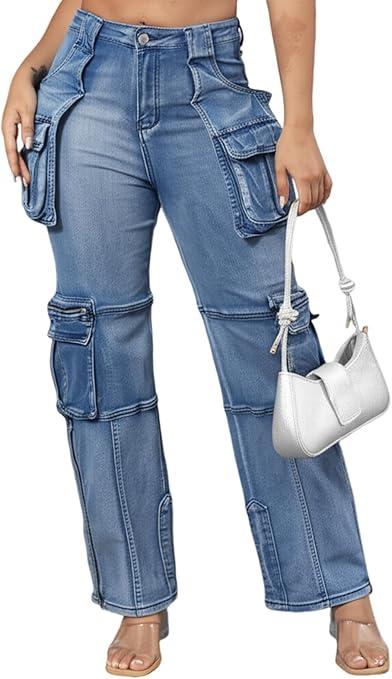 Ryehack Jeans Cargo Pants for Women Y2K Straight Leg Side Zipper Denim Pants with Pockets Stretch Jeans Streetwear, XL