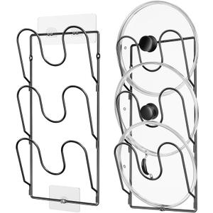 ORDORA 2 Pack Pot Lid Organizer Rack for Cabinet Door, 6-Tier Pot Lid Holders inside Cabinet, No Drilling Adhesive Wall Door Mounted Rustproof Pots and Pans Cover Organizers for Kitchen Storage, Black