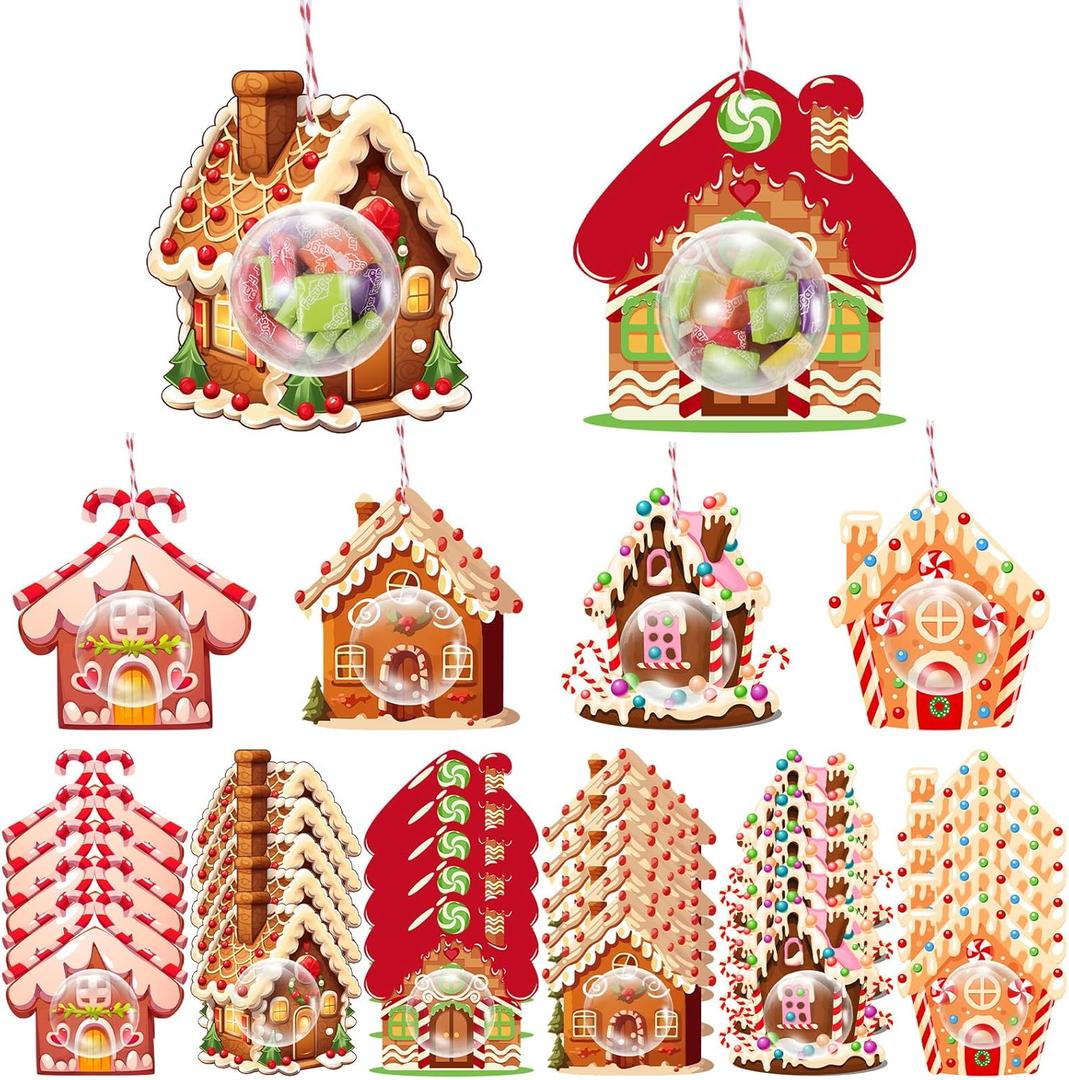 30 Sets Christmas Cards Candy Domes for Crafts, DIY Greeting Gift Cards with Hanging Rope Treat Holders for Xmas Tree Ornaments Winter Party Favors Supplies(Gingerbread House)