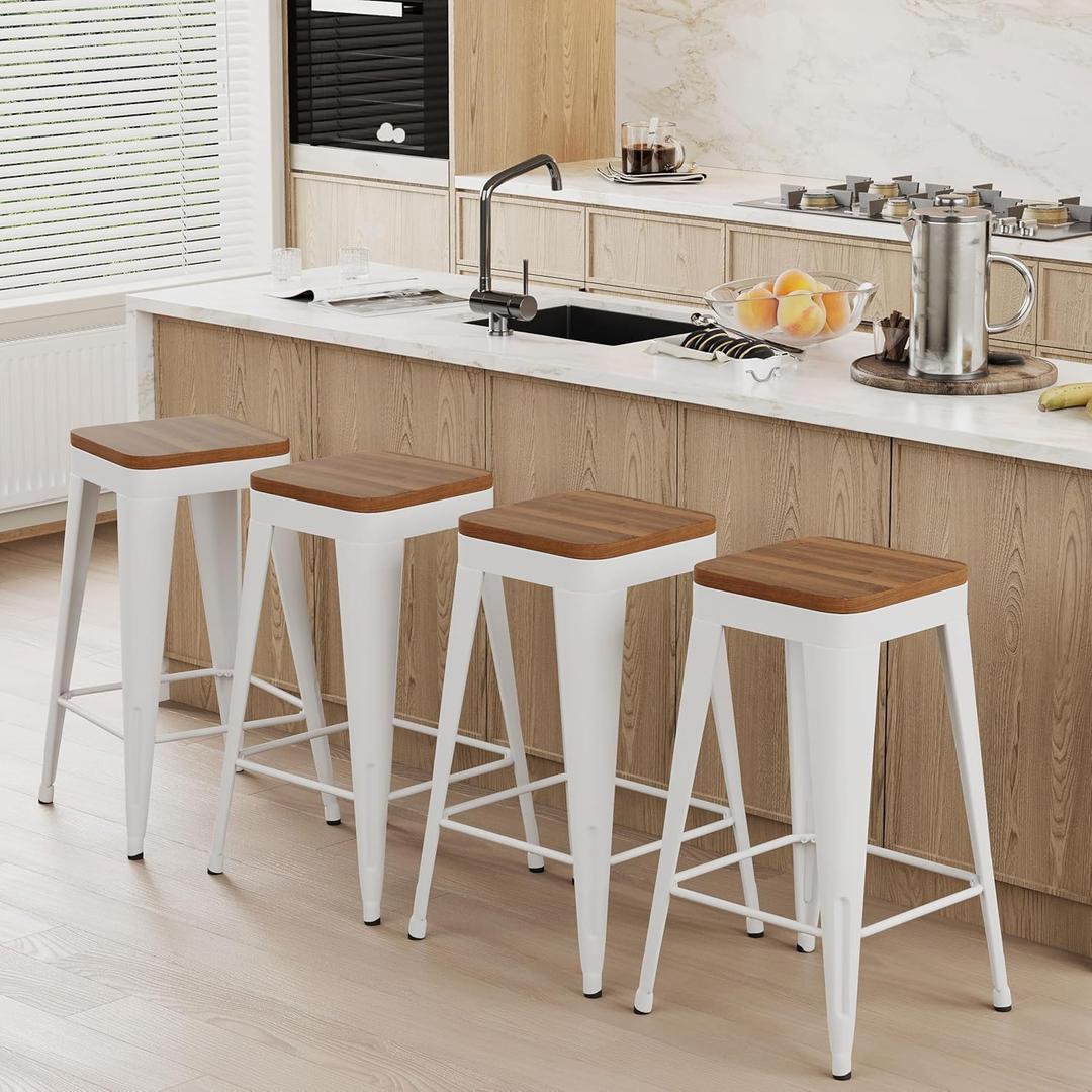 Bar Stools Set of 4 Metal Bar Stool Counter Height Bar Stools Black, Modern 24" Bar Chairs Without Back,Wooden Seat Bar Stool Counter Height (White)
