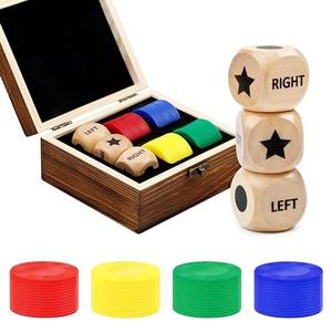 Left Right Center Dice Game Set, Include 3 1-inch Wooden Dices and 48 Pcs Chips in Wooden Box, Easy to Store and Carry Around for Trave Only 3 Cubes