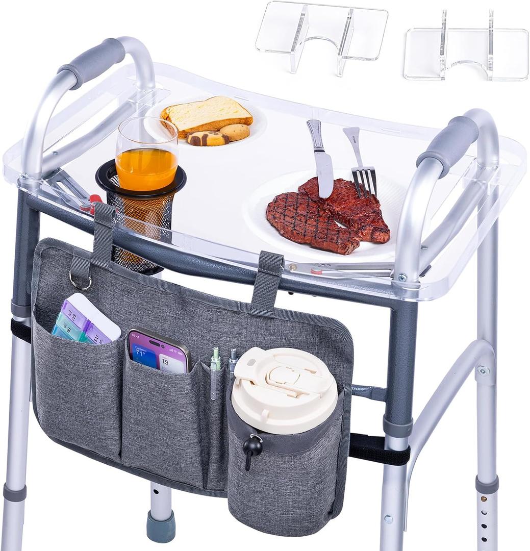 BAGSFY Clear Walker Tray Table with Cup Holder & Storage Bag Non-Slip Food Tray, Fits Standard Folding Walkers with Side Bars, Walker Accessories for Seniors, Supports Up to 10 lbs