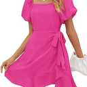 SAMPEEL Womens Summer Dresses Square Neck Puff Sleeve Tie Waist Short Dress, Large 