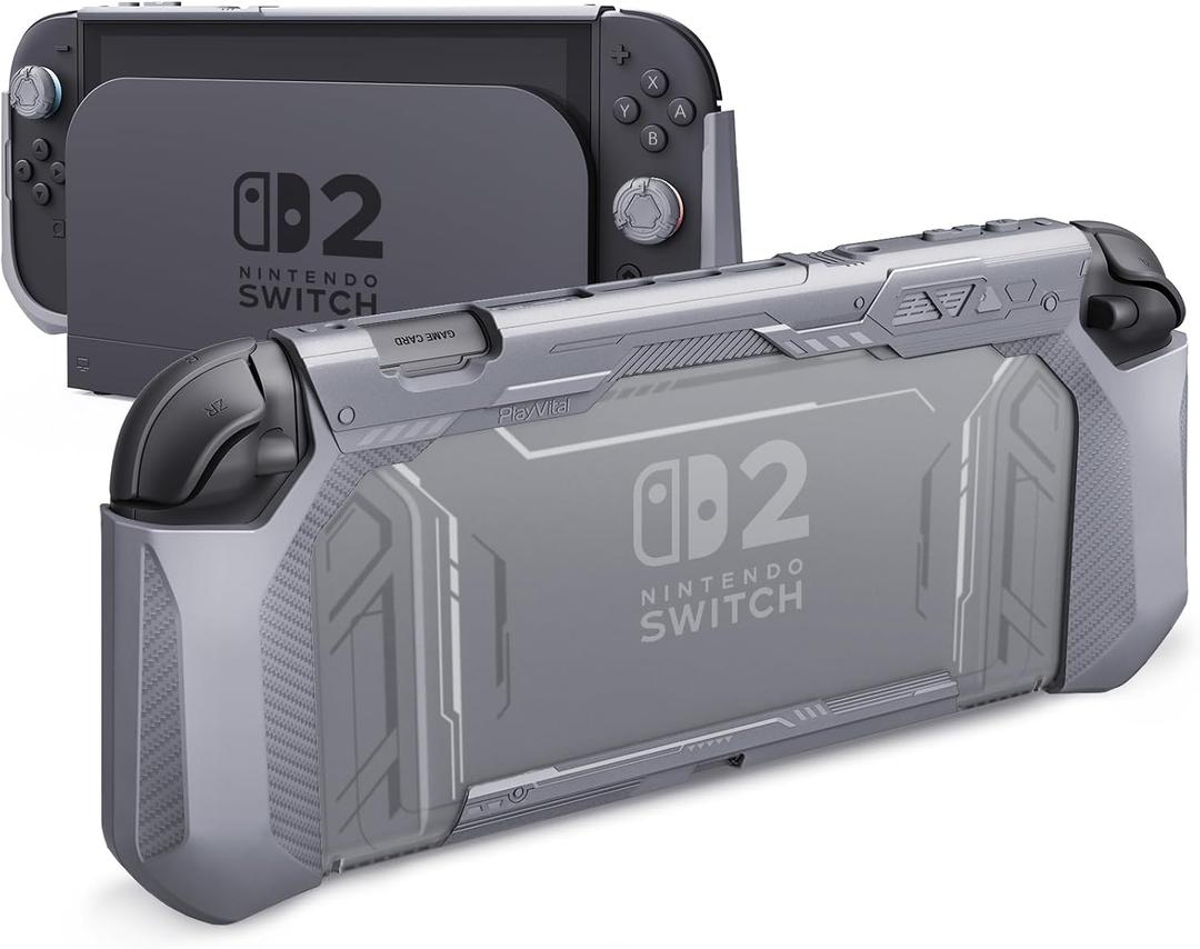 PlayVital Meteor Grip Case for Nintendo Switch 2 with Thumbstick Caps & Ergonomic Grips  Dockable Shockproof Anti-Slip Cover with Clear Back Design for Switch 2 Protective Shell  New Hope Gray