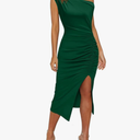 OWIN Women's Sexy Elegant Off Shoulder Sleeveless Side Slit Ruched Bodycon Wedding Guest Cocktail Party Midi Dress S